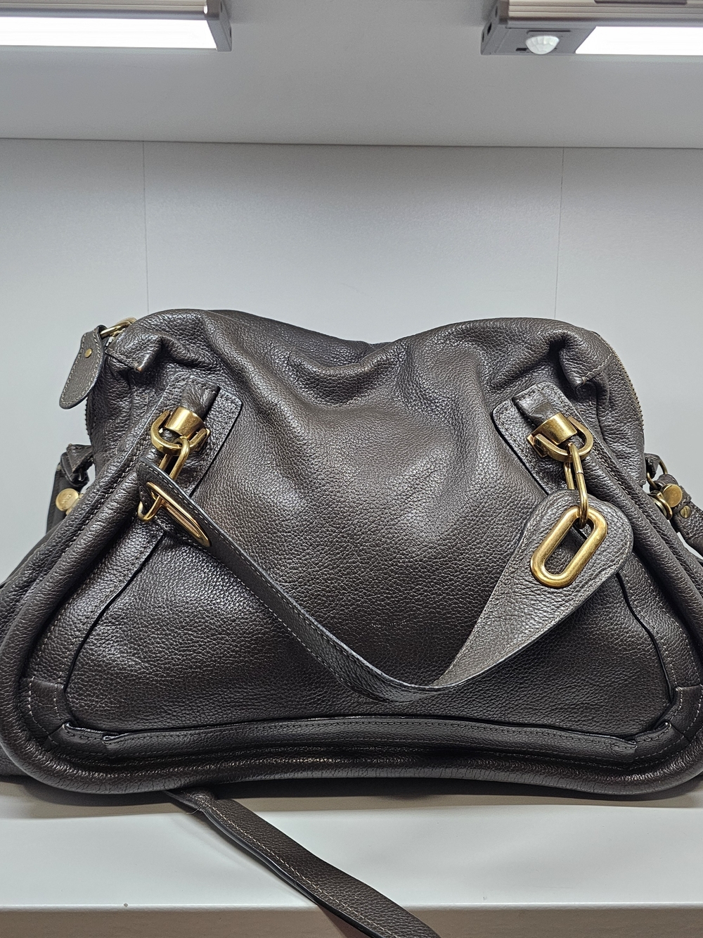 Chloe Paraty Dark Gray Pebbled Leather Shoulder Bag with Gold Hardware